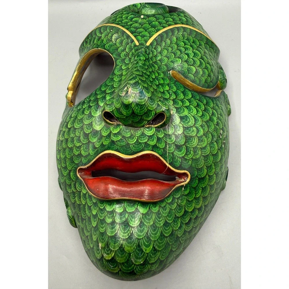Balinese Batik Wood Mask Green Scale Hand Painted Bali Indonesia Folk Art 11.5in